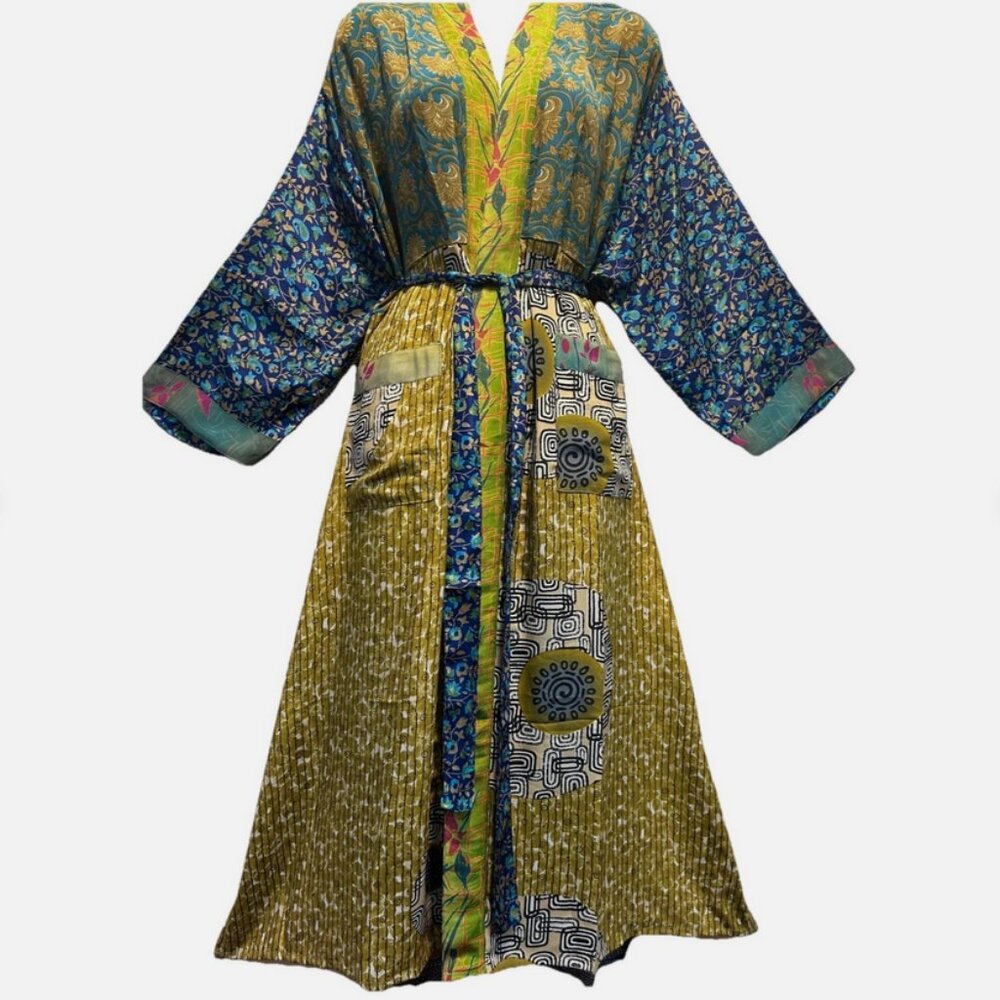 Nwt FUNKY STUFF boho patch belted vintage silk TOP DUSTER CARDIGAN 5X